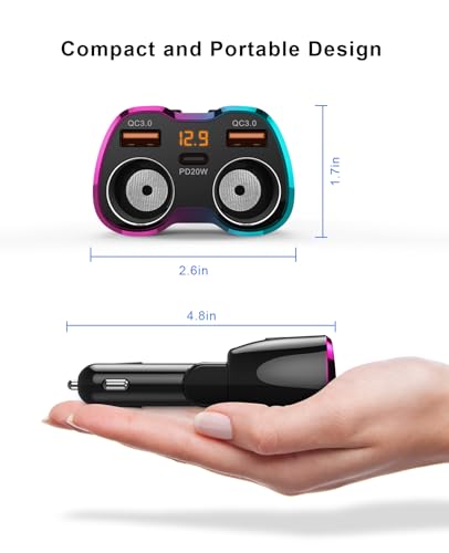 Cigarette Lighter Splitter, 180W 2-Socket Cigarette Lighter Adapter | SUPERONE 2026 Upgraded, Dual QC3.0 and 20W PD USB C Car Charger Splitter, for GPS/Dash Cam/Laptop/iPad/iPhone 17/16/15/14/13 - color: Pinkish Blue