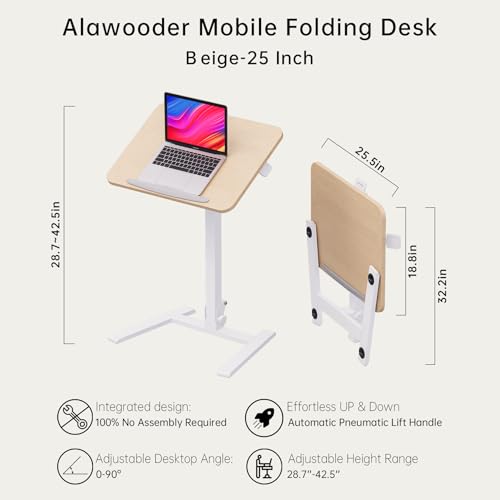 25" Mobile Folding Desk: Pneumatic Sit-Stand, No Assembly | 29-42" Height Adjustable Rolling Laptop Desk, Hidden Wheels, 0-90° Tilt Top. Ideal for Home Office, Craft & Study. - color: Beige