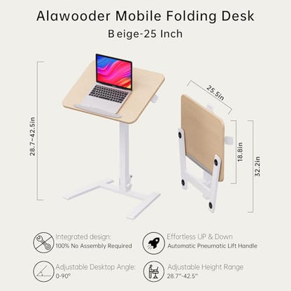 25" Mobile Folding Desk: Pneumatic Sit-Stand, No Assembly | 29-42" Height Adjustable Rolling Laptop Desk, Hidden Wheels, 0-90° Tilt Top. Ideal for Home Office, Craft & Study. - color: Beige