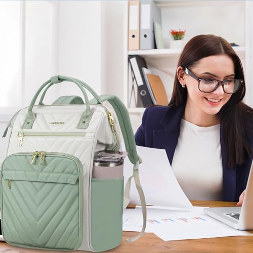 VANKEAN 15.6 Inch Laptop Backpack for Women Large Capacity Waterproof Daypack - color: Beige-light Green, size: 15.6 Inch