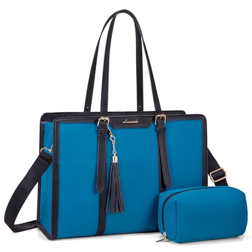 LOVEVOOK Laptop Bag for Women - 15.6 inch Lightweight Canvas Laptop Tote, Large Capacity Computer Bag with Clutch Purse for Business, Work, Travel, School, Casual (Black & Blue, 15.6 Inch) - color: Black&blue, size: 15.6 Inch