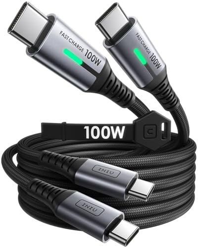 INIU USB C to USB C Cable, (6.6ft, 2-Pack) 100W USB C to C Fast Charging Cord, Braided Type C Charger Cable for iPhone 16 Pro Max 15 Plus Samsung Galaxy S24 S21 S10 Note 10 MacBook iPad Kindle etc. | Nylon Braided, Type C Data Cord for PS5, iPhone 17 16 P