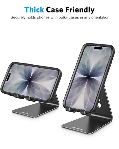 OMOTON C2 Adjustable Aluminum Cell Phone Stand with Charging Cutout, Black | Sturdy 3mm Aluminum, Charging Port, 270° Adjustable, Non-Slip Silicone Pads, Works with Thick Cases, for All Smartphones - color: Black