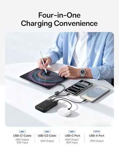 Baseus 100W 6.6ft Retractable USB C Fast Charging Cable, Bundle with 20000mAh Compact Portable Charger 45W, CCC Certified Power Bank Built-in USB-C Cables