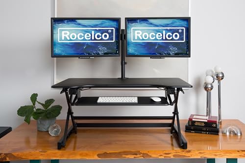 Rocelco 40" Height Adjustable Standing Desk Converter with AC Outlet USB Charger and Dual Monitor Arm Mount - Sit Stand Up Tabletop Riser - Sliding Keyboard Tray - Black (R DADRB-40-ACUSB-DM2) - color: Black Acusb, size: 40", style: Riser+Dual Mount