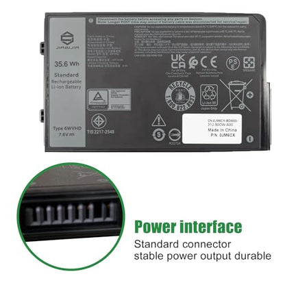 6WVHD 451-BDDY Laptop Battery Replacement for Dell Latitude 7230 Rugged Extreme Tablet T06H T06H001 Pro Rugged 12 Tablet RA02260 Series FNW8F 0VDDJY VDDJY 0JM6CX JM6CX 7.6V 35.6Wh 4457mAh - size: 11.2*4.3*1.0inch 6WVHD