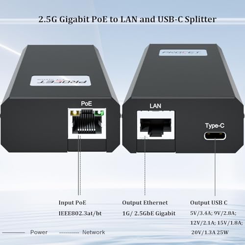 PROCET 2.5G PoE Splitter, 25W Gigabit PoE to USB C PD & RJ45 Ethernet Connectivity for eero 6/7, Wireless AP, Tablet, iPad, Google TV, USB C Hub, Digital Display, Smart Home Hub - color: 25W 2.5G