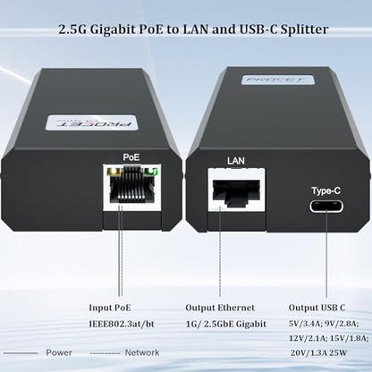 PROCET 2.5G PoE Splitter, 25W Gigabit PoE to USB C PD & RJ45 Ethernet Connectivity for eero 6/7, Wireless AP, Tablet, iPad, Google TV, USB C Hub, Digital Display, Smart Home Hub - color: 25W 2.5G