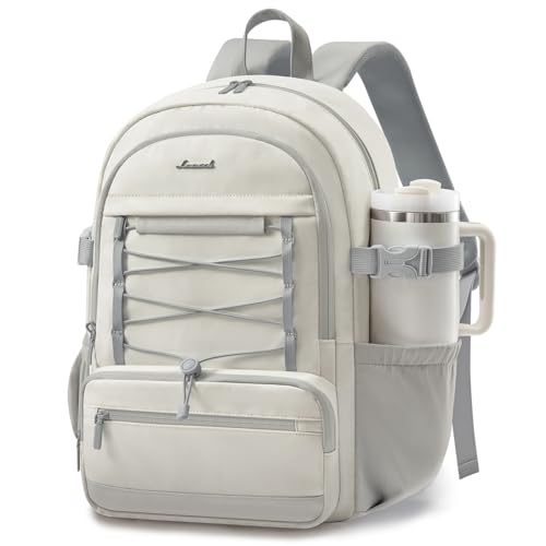 LOVEVOOK School Backpack for Teen Girls, Large Capacity College Bookbag with Water Bottle Holder, Cute Laptop Backpack Purse for Women, Lightweight Daily Backpack, Gift for Her, Off White-Light Gray - color: Off White-light Gray, size: 15.6inch