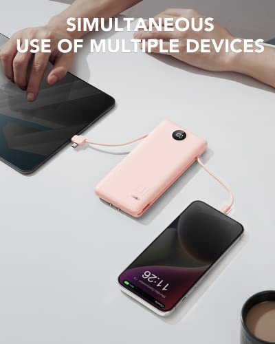 VRURC Portable Charger, Power Bank Built-in Cables and AC Wall Plug | USB C Power Bank 10000mAh Travel Essentials Phone Charger Compact External Battery Pack For Smart Phones, Tablets etc-Pink - color: Pink