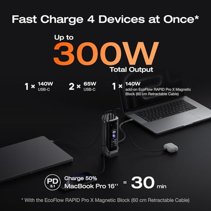 EF ECOFLOW Rapid Pro X Power Bank, 27650mAh 4-Part with 300W Output, Portable Charger with 140W Built-in Cable, for MacBook, iPhone, Laptops, and More - size: Rapid Pro X 27K mAh
