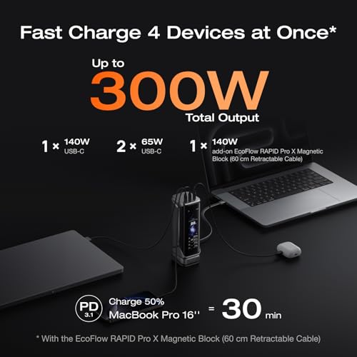 EF ECOFLOW Rapid Pro X Power Bank, 27650mAh 4-Part with 300W Output, Portable Charger with 140W Built-in Cable, for MacBook, iPhone, Laptops, and More - size: Rapid Pro X 27K mAh