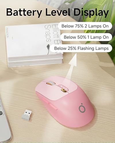 SEUNKWANG Dual-Mode Wireless Mouse with Visible Battery Indicator, Silent Rechargeable Bluetooth & 2.4G Computer Mouse, 1600 DPI, One-Click Privacy Key, Portable Mice for Laptop/PC/Mac - Rose Pink - color: Rose Pink