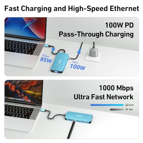 BENFEI 11-in-1 USB C Hub Triple Display Docking Station Dual HDMI, VGA, 3*USB 3.0, 1Gbps Ethernet, 100W Power Delivery, SD/TF Card Reader, 3.5mm AUX Audio Compatible with MacBook XPS Surface - color: Blue, size: 11-in-1