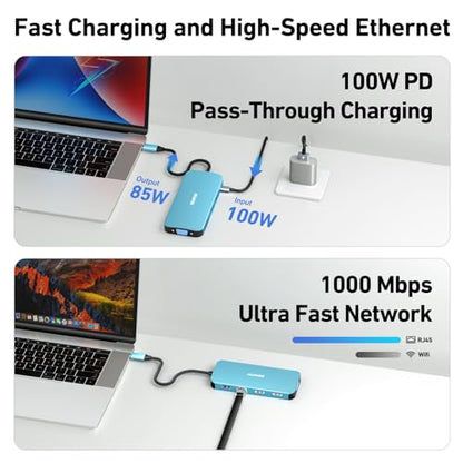 BENFEI 11-in-1 USB C Hub Triple Display Docking Station Dual HDMI, VGA, 3*USB 3.0, 1Gbps Ethernet, 100W Power Delivery, SD/TF Card Reader, 3.5mm AUX Audio Compatible with MacBook XPS Surface - color: Blue, size: 11-in-1