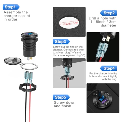 12V USB Outlet Aluminum Car Charger PD65W Port for Laptops, Quick Charge 3.0 USB Port for Car, Built-in Boost 15V 20V Output Socket Waterproof with Voltmeter and Switch for RV Marine Boat, etc
