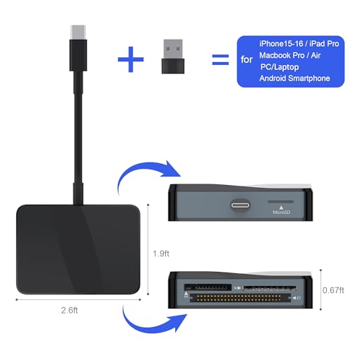 SD Card Reader, 4 in 1 USB C to SD/TF/CF/MS Card Reader with USB to USB C Adapter Memroy Card Reader for iPhone 17/16/15 Pro Max iPad Pro MacBook Pro/Air iMac M4/M3/M2 Android Phone/Tablet PC (Black) - color: Black