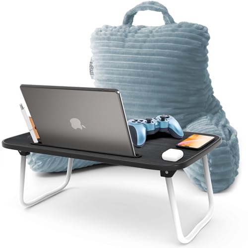 Nestl Stone Blue Reading Pillow with Bed Desk for Laptop and Writing, Luxe Cut Plush Back Pillow for Sitting Up, Back and Arms Adjustable Support for Kids and Teens, Foldable Lap Desk for Bed 19x11” - color: 07- Stone Blue, size: Small 14"