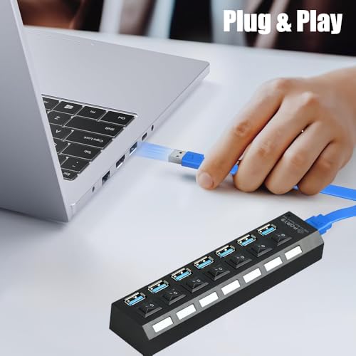 7-Port USB 3.0 Hub with Independent LED Switch, 5Gbps Data Transmission, Universal USB Extension Cable for Laptop, PC, Mac mini, iMac, Surface Pro - Durable PC Material, No Battery Required