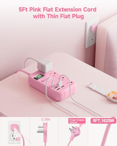 6 USB (2 USB C) Pink Extension Cord,5 Feet Travel Power Strip,4 Outlets | 6 USB,24W USB Charging Station,Travel Power Strip,Pink Desk Accessories, Surge Protector,Cute Kawaii Gifts College Dorm,5 Ft - size: Pink-24W USB-5ft-980J