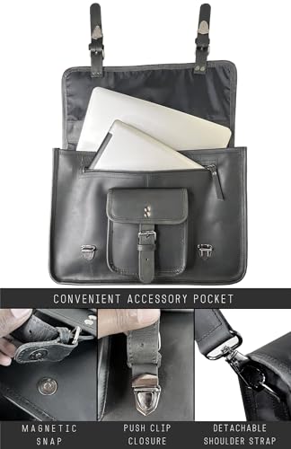 Leather Messenger Bag for Men - 16 Inch Laptop Briefcase, Office Satchel | Fits 16" Laptop & Documents, Top-handle, Removable Shoulder Strap, Brass Fittings, Luggage Sleeve, Organized Pockets - color: Black