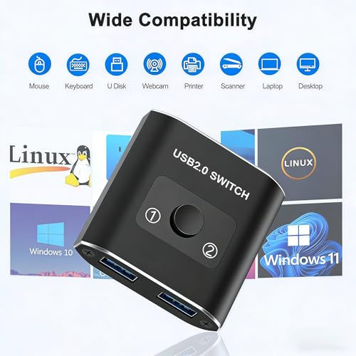 USB2.0 Switch with 2Pack Usb2.0 Cable(1M), Bi-Directional 1 in 2 Out/2 in 1 Out,Aluminum USB Switcher kit for 2Computers Share Devices(Printer, Keyboard, Scanner, Mouse),Compatible with Mac/Win/Linux