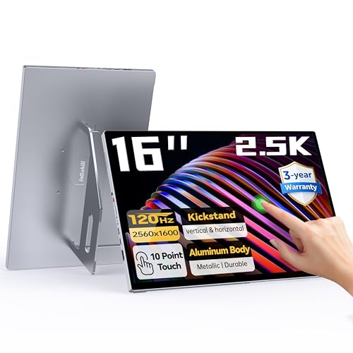 Intehill 16" 2.5K Touchscreen Portable Monitor, 120Hz Portable Gaming Monitor w/HDR & Freesync, 16:10 Display with Full Laminated Tempered Glass, Touch Screen Travel Monitor for Laptop, T16KB (Silver) - color: Metallic Silver