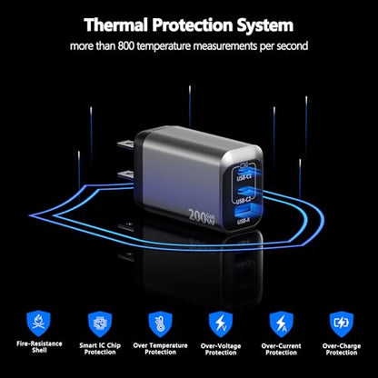 200W USB C Charge Block,3 Port PD 100W GaN Charger,Multi Port Fast Charging Station Hub for Multiple Devices,Compatible with MacBook/iPad/iPhone/Laptop/Galaxy/Android Cell Phone with 2M C-C Cable