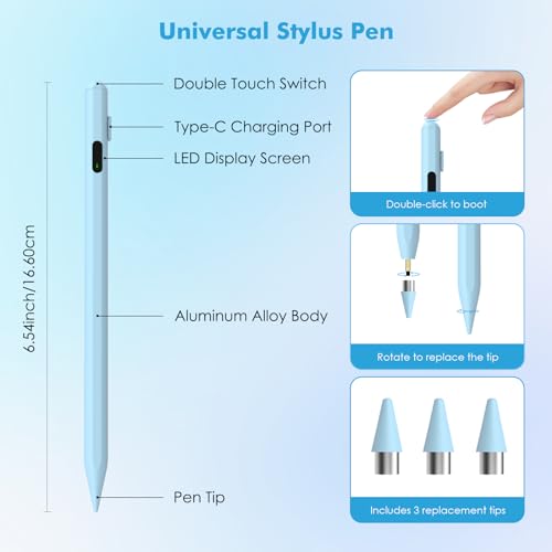 Moko Universal Capacitive Stylus Pencil for Touch Screen, Blue | Fast Charging, Power Display, Compatible with Apple iPad/iPhone/Samsung/Lenovo, iOS Android Tablets & All Smartphones - color: Blue