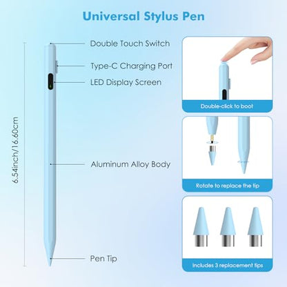 Moko Universal Capacitive Stylus Pencil for Touch Screen, Blue | Fast Charging, Power Display, Compatible with Apple iPad/iPhone/Samsung/Lenovo, iOS Android Tablets & All Smartphones - color: Blue