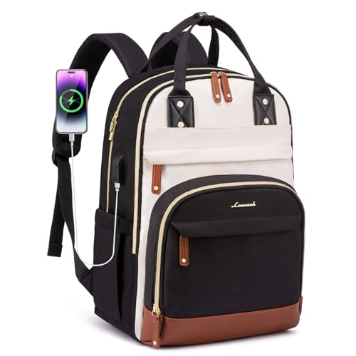 LOVEVOOK Laptop Backpack Women with USB Port Design,15.6 inch Waterproof Work Travel Backpack Computer Laptop Bag,Cute College Nurse Teacher Backpack Purse,Gifts for Women & Men,Beige-Black-Brown - color: Beige-black-brown, size: 15.6 Inch