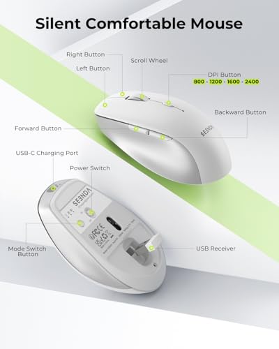 seenda COE401 Bluetooth Keyboard Mouse Combo, Rechargeable, White Silver | Silent rechargeable keyboard and mouse with 3-device connection for Windows, Mac, iPad, and laptops. - color: White Silver