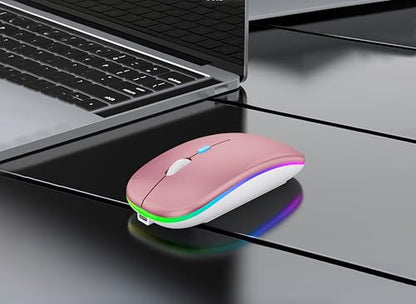 WREANU Wireless Bluetooth Mouse, Rechargeable Laptop Mice, Rose Gold | LED Lights Silent Slim Dual Mode(BT5.2 & 2.4G Portable USB Receiver) Computer Mouse for Laptop/iPad/Tablet/Computer/Mac - color: Rose Gold Wireless Bluetooth Mouse