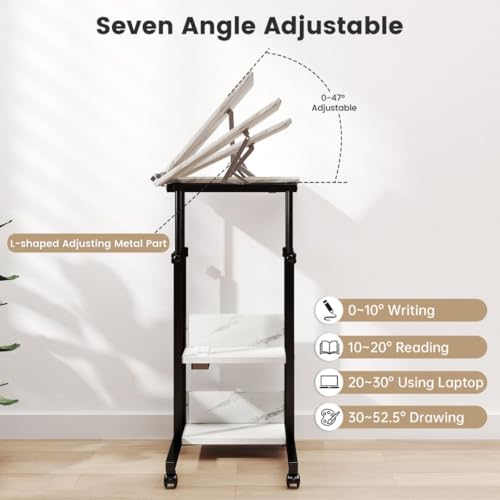 Hadulcet Adjustable C Table with Charging Station, Tiltable Desk C Shaped End Table for Couch, Over Bed Table with Wheels Adjustable Height, Hospital Table Laptop Stand Drawing Desk, Marble White - color: Marble White, style: Upgrade