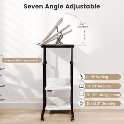 Hadulcet Adjustable C Table with Charging Station, Tiltable Desk C Shaped End Table for Couch, Over Bed Table with Wheels Adjustable Height, Hospital Table Laptop Stand Drawing Desk, Marble White - color: Marble White, style: Upgrade