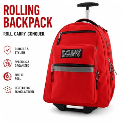 Heavy Duty Rolling Backpack School Bookbag with Wheels Deluxe Wheeled Daypack - color: Red