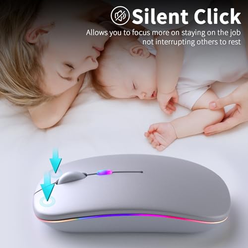 KANMABPC Wireless Bluetooth Mouse – Rechargeable, Silent, Dual Mode (Bluetooth 5.2 & USB) with LED Lights – Portable for Laptop, Desktop, & Tablet(Silver) - color: Silver