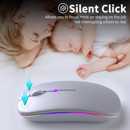 KANMABPC Wireless Bluetooth Mouse – Rechargeable, Silent, Dual Mode (Bluetooth 5.2 & USB) with LED Lights – Portable for Laptop, Desktop, & Tablet(Silver) - color: Silver