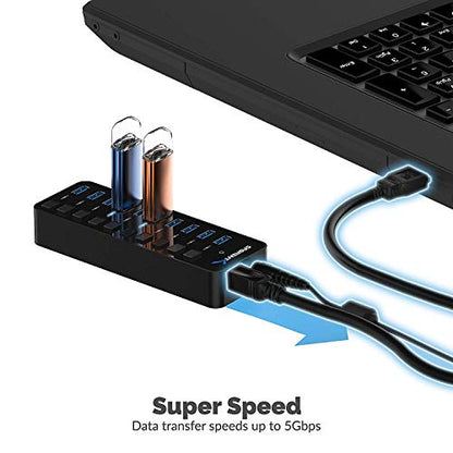 SABRENT 10-Port 60W Powered USB 3.0 Hub, Power Switches & LEDs (HB-BU10) | Individual power switches + LEDs; includes 60W 12V/5A power adapter; for PC & Mac - size: 10-Port - 10 USB 3.0