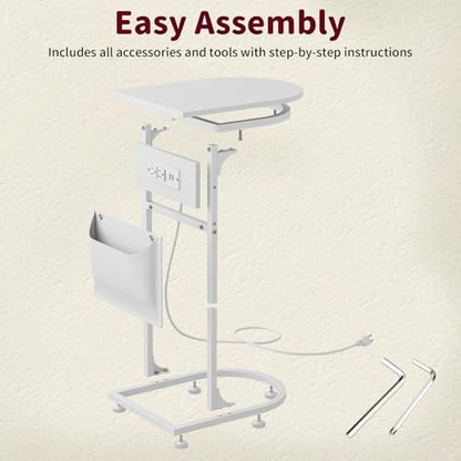 C Shaped End Table with Charging Station, Small Side Table for Couch, C Table Slides Under Sofa with Storage Bag, TV Tray Table for Recliner, Living Room, Bedside, Bedroom, Small Spaces, White - color: Charging Station White