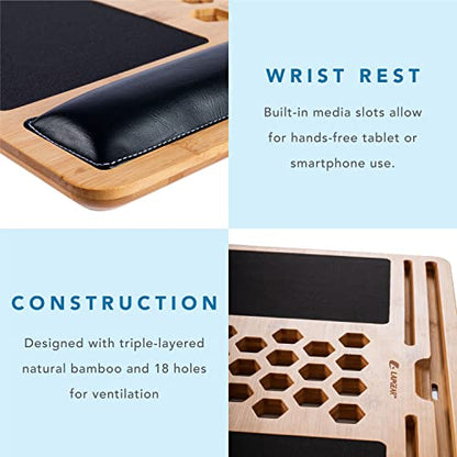 LAPGEAR Bamboo Pro Lap Board with Wrist Rest, Mouse Pad, and Phone Holder - Natural - Fits up to 17.3 Inch Laptops and Most Tablets - Style No. 77101