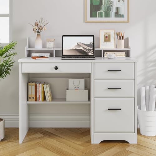 4 EVER WINNER White Desk with Drawers, 44 Inch Small Computer Desk with File Drawer and Monitor Stand, Wood Desk with Storage Shelf for Small Spaces, Living Room, Bedroom, White - color: Pure White
