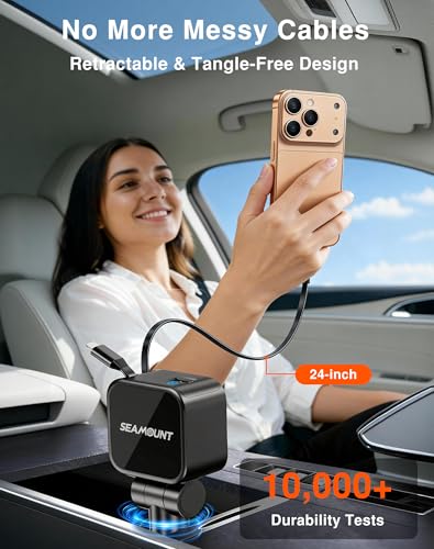Seamount 4-in-1 Retractable Car Charger 109.5W | PD QC 3.0 Fast USB C Adapter with Voltage Display, Compatible with iPhone 17 16 15 14, MacBook, Android