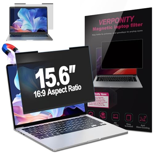 Magnetic Laptop Privacy Screen 15.6 Inch 16:9 Display, Removable Computer Screen Privacy Shield, Anti-Glare Blue Light Protector Compatible with Dell Hp Lenovo Acer Asus Samsung