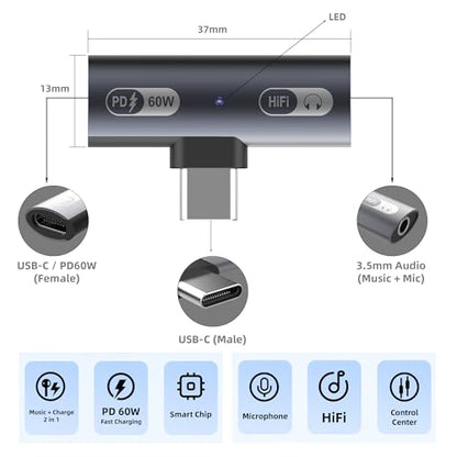 2 in 1 USB C to 3.5mm Audio Headphone Adapter and Charger, USB-C Headphone Jack HiFi DAC with 60W Fast Charging Dongle Adapter Compatible with iPhone 17/16 Series,iPad,MacBook,Galaxy S24/S23