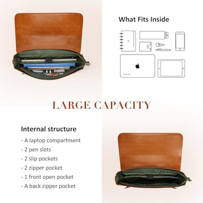 ECOSUSI Laptop Bag for Women Vegan Leather Messenger Bag Fashion Briefcase Computer Satchel Bag - color: Green-brown
