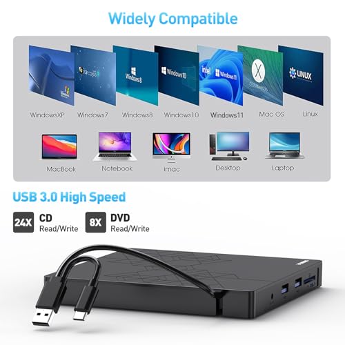 ORIGBELIE External CD DVD Drive, CD Burner USB 3.0 with 2 USB Ports and 2 TF/SD Card Slots, Optical Disk Drive for Laptop Mac, PC Windows 11/10/8/7 Linux OS with Carrying Case - size: 5.98" x 5.5" x 0.6"