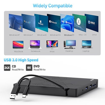 ORIGBELIE External CD DVD Drive 2 USB Port 2 TF/SD Card Slot &Carrying Case | USB C 3.0 CD DVD ROM Player Burner Reader Writer Rewriter Optical Disk Drive for Laptop PC Macbook OS Windows 11/10/8/7 Linux - size: 5.98" x 5.5" x 0.6"
