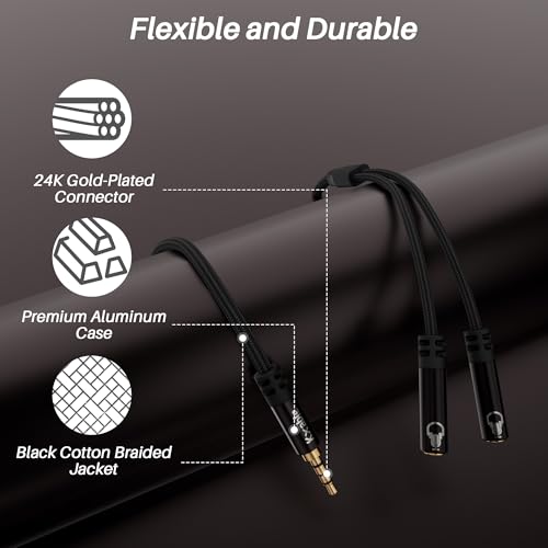 1/8inch Aux Headphone Splitter 2 Way Cable 6FT, 3.5mm 4-Pole Male to 2-Female Port Mic and Audio Stereo Y TRRS Adapter, Compatible with Headset Earphone PS4 Xbox PC Laptop MP3 players Phone Tablet - size: 6FT
