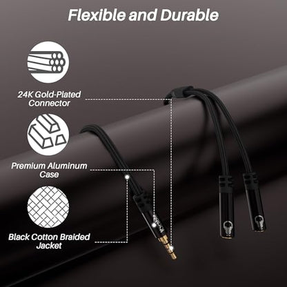 1/8inch Aux Headphone Splitter 2 Way Cable 3FT, 3.5mm 4-Pole Male to 2-Female Port Mic and Audio Stereo Y TRRS Adapter, Compatible with Headset Earphone PS4 Xbox PC Laptop MP3 players Phone Tablet - size: 3FT